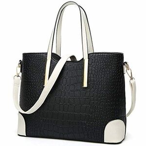 Chic Black Croc-Embossed Tote Bag w/ White Handles – Excellent Condition